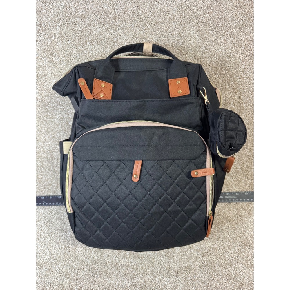 Black Quilted Diaper Bag Backpack with USB Port and Pacifier Pod